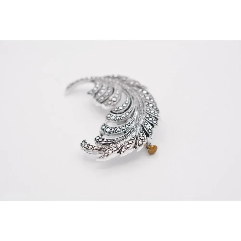 West Germany Vintage Leaf Pin Feather Brooch Silver Lightweight Signed 70s Bin5A